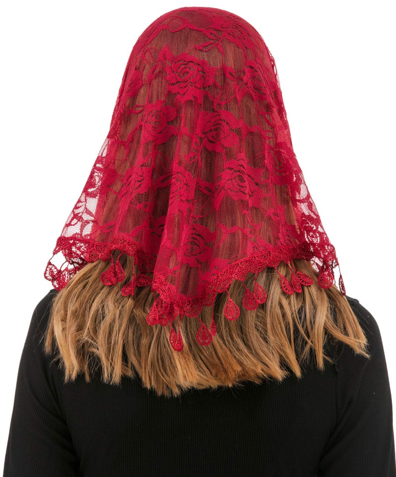 PAMOR Mass Veil Triangle Mantilla Cathedral Head Covering Chapel Veil Lace Shawl Latin Scarf (Maroon) - Image 4